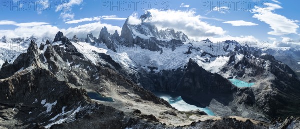 Aerial View, Epic Panorama, Large Glaciers, Lago de los Tres Laguna Sucia Glacier Lakes, Mountains and Peaks of Monte Fitz Roy, Mount Fitz Roy, Cerro Chalten, Los Glaciares National Park, Patagonia, Santa Cruz Province, Argentina