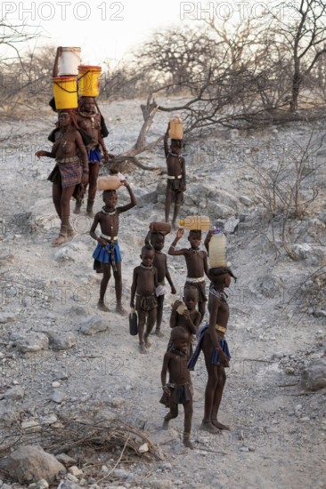 Himba woman and children run to fetch water with canisters through dry countryside, traditional Himba, Kaokoveld, Kunene, Namibia