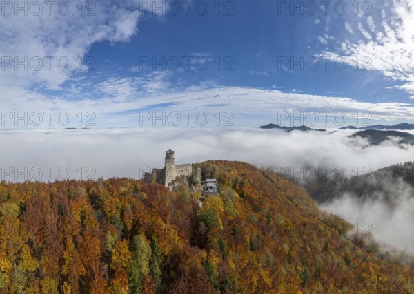Aerial view of Araburg with autumn forest and fog, Kaumberg, Lower Austria, Austria