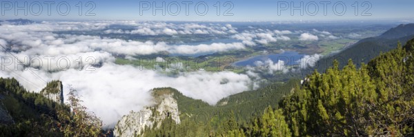 Panorama from Tegelberg, 1881m, of the cloud-covered Forggensee and Bannwaldsee, Ostallgäu, Bavaria, Germany