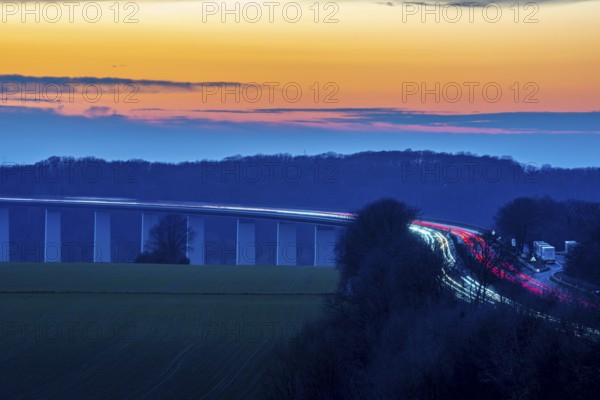 The Ruhr Valley Bridge, motorway bridge of the A52 motorway, across the Ruhr Valley near Mülheim-Mintard, connects Essen and Düsseldorf, North Rhine-Westphalia, Germany