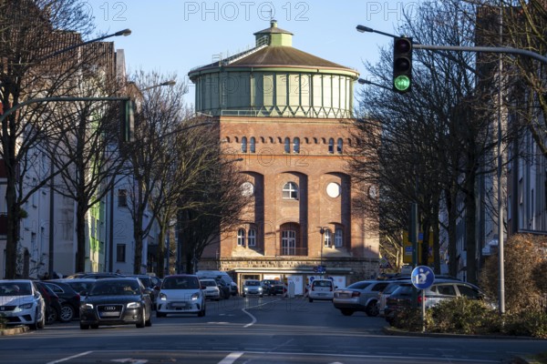 The water tower on Steeler Berg, Steeler Strassen in Essen, one of 8 water tank systems operated by Stadtwerke Essen for water supply, with a volume of 2000 cubic meters, it is used for water supply during peak consumption in the morning and at noon, North Rhine-Westphalia, Germany