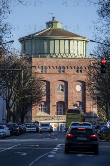 The water tower on Steeler Berg, Steeler Strassen in Essen, one of 8 water tank systems operated by Stadtwerke Essen for water supply, with a volume of 2000 cubic meters, it is used for water supply during peak consumption in the morning and at noon, North Rhine-Westphalia, Germany