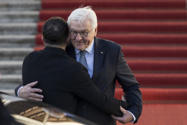 Volodymyr Zelensky (President of Ukraine) and Frank-Walter Steinmeier (President of the Federal Republic of Germany) greet each other warmly on arrival at Bellevue Palace, 15 December 2025