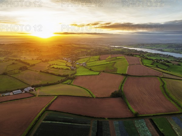 Colours of autumn Fields and Farms over Sheldon from a drone, Torbay, Devon, England, United Kingdom