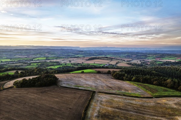 Colours of Devon Farms and Fields over Berry Pomeroy from a drone, Totnes, England, United Kingdom