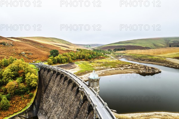Autumn over Craig Goch Dam from a drone, Elan Valley Reservoirs, Elan Valley, Rhayader, Powys, Wales, UK