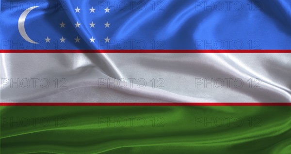 Uzbekistan flag with cloth textured background. National flag of Uzbekistan with realistic texture
