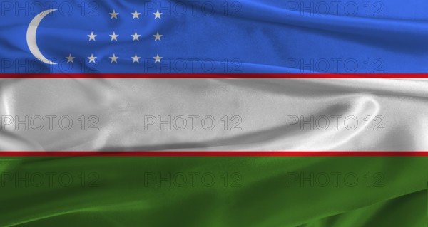 Flag of Uzbekistan with fabric textured background. Close up of National flag of Uzbekistan with realistic texture