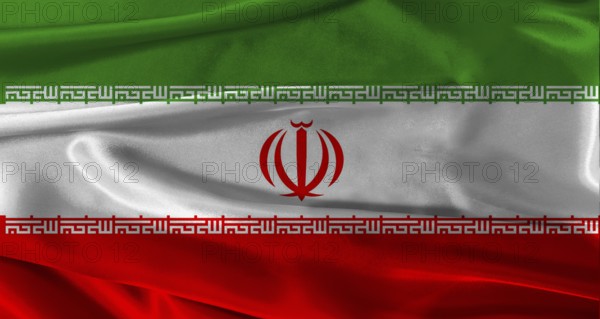 Flag of Iran with fabric textured background. Close up of National flag of Iran with realistic texture