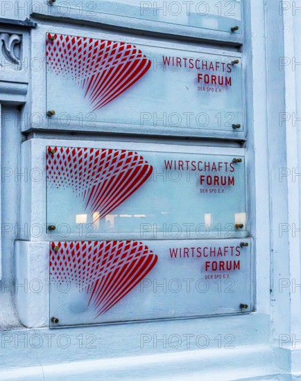 Information signs at the entrance to the SPD Economic Forum in Dorotheenstraße in Mitte, Berlin, Germany