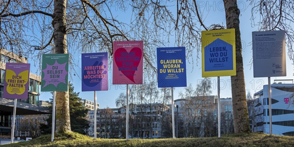 75 years of Basic Law, display boards at the Hessian State Representation in the Ministergärten on Eberstraße, Berlin, Germany