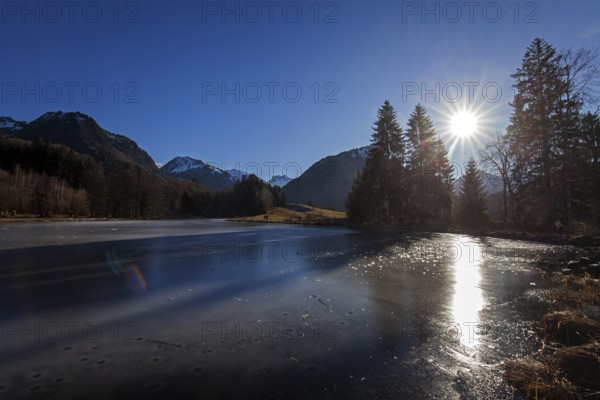 Moor, moor pond, icy, winter, backlight, back Allgäu Alps, Oberstdorf, Oberallgäu, Allgäu, Bavaria, Germany