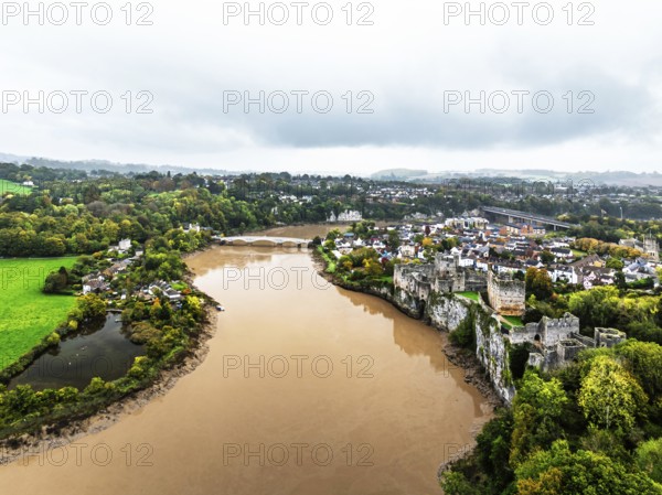 Autumn over Chepstow Castle and River Wye from a drone, Chepstow, Monmouthshire, Wales, UK