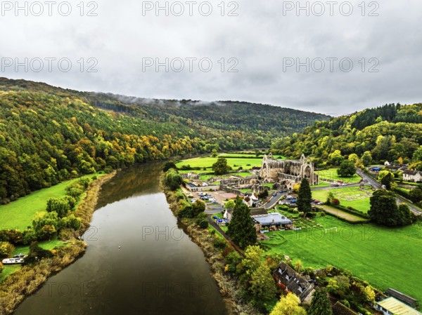 Autumn over Wye Valley and River Wye from a drone, Tintern, Chepstow, Monmouthshire, Wales, UK