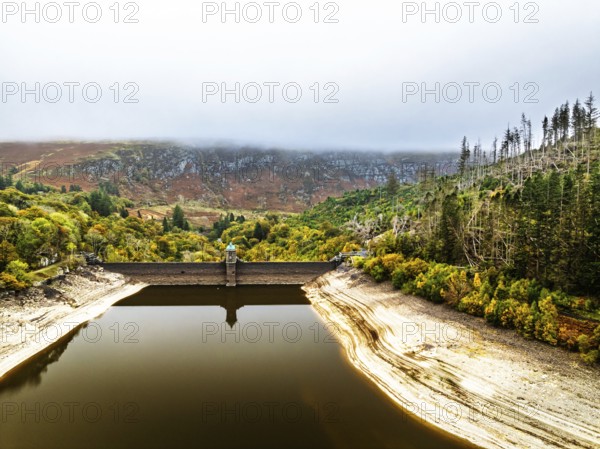 Pen y Garreg Dam and Reservoir from a drone, Elan Valley, Rhayader, Powys, Wales, UK