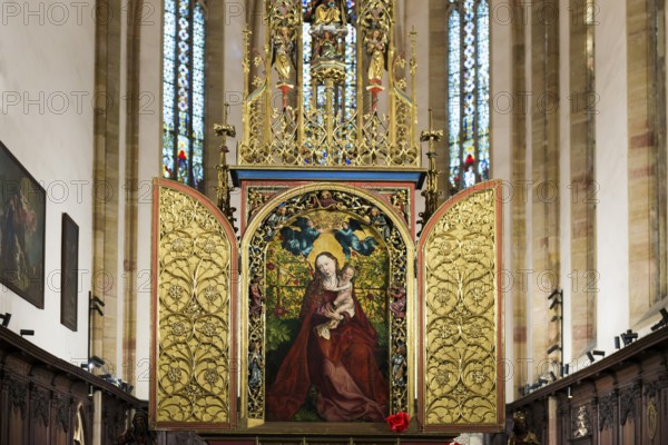 Famous medieval painting, Madonna in the Garden of Roses, by Martin Schongauer, Dominican Church, Église des Dominicains, Colmar, Haut-Rhin Department, Alsace, France