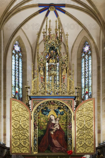 Famous medieval painting, Madonna in the Garden of Roses, by Martin Schongauer, Dominican Church, Église des Dominicains, Colmar, Haut-Rhin Department, Alsace, France
