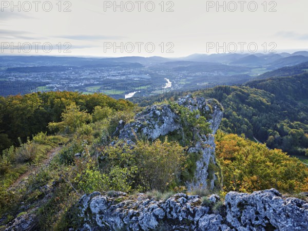 View from the Gisliflue of an autumnal forest with the Jura foothills behind, Talheim, Canton, Aargau, Switzerland
