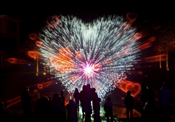 Illumination during the Herbstlichtgarten event in Sauerlandpark in the evening in Hemer, Sauerland, North Rhine-Westphalia, Germany