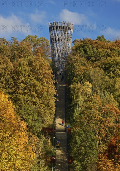 View of the Jübergturm with the stairway in Sauerlandpark in autumn, Hemer, Märkischer Kreis, Sauerland, North Rhine-Westphalia, Germany