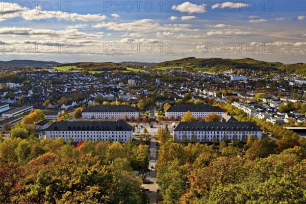 View from the Jübergturm of Sauerland Park in autumn and the city center of Hemer, Märkischer Kreis, Sauerland, North Rhine-Westphalia, Germany