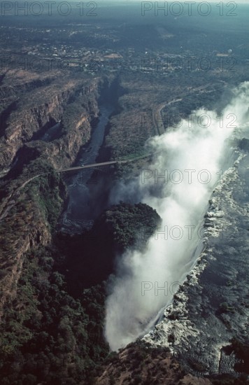 Aerial view, Victoria Falls, Zambezi, Zambezi Bridge, Zimbabwe, Africa, June 2000, vintage, retro, old, historic