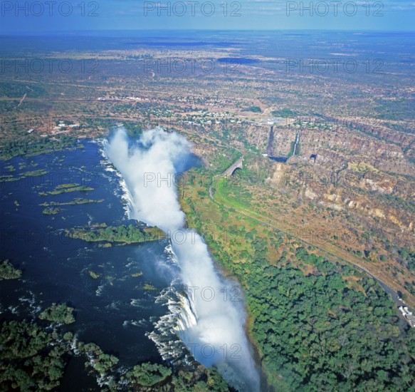 Aerial view, Victoria Falls, Zambezi, Zambezi Bridge, Zimbabwe, Africa, June 2000, vintage, retro, old, historic