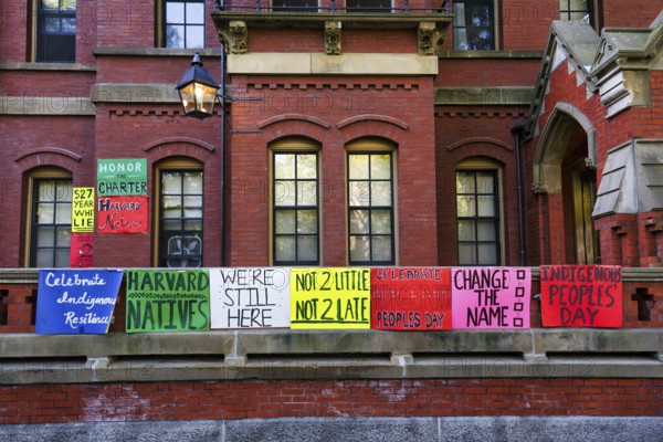 Posters, protest action, Indigenous Peoples' Day in October, history and culture, indigenous rights, Remembrance Day, Columbus Day, Harvard University, Cambridge, Greater Boston, Massachusetts, New England, USA