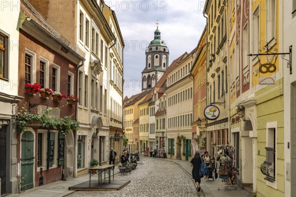 Alley in the old town and the Protestant Church of Our Lady in Meissen, Saxony, Germany