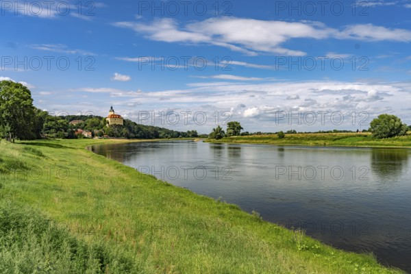 Hirschstein Castle or Neuhirschstein across the Elbe in Hirschstein, Saxony, Germany