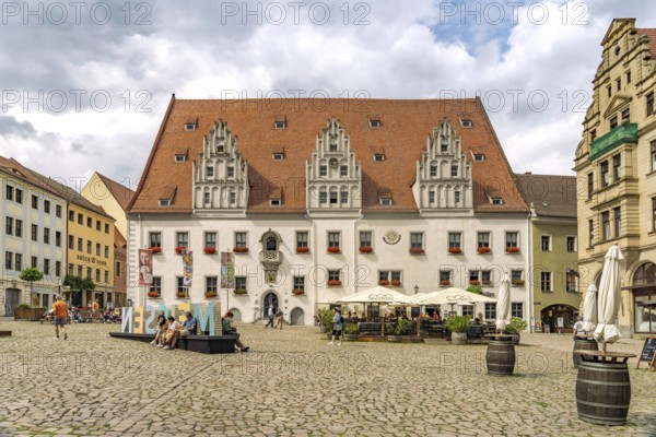 Meissen Town Hall on the market square in Meissen at dusk, Saxony, Germany