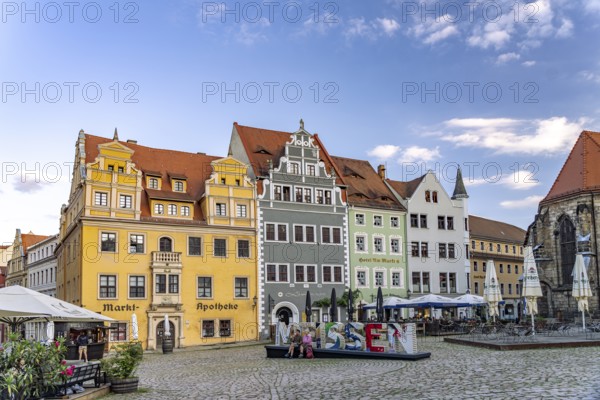 Town houses and Meissen lettering on the market square in Meissen, Saxony, Germany