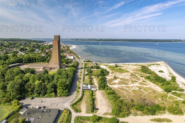 Laboe with the naval memorial, beach and dune landscape on the Kiel Fjord seen from above, Laboe, Schleswig-Holstein, Germany