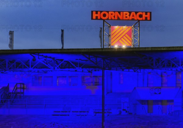 Hornbach sign above the Glückauf Kampfbahn of FC Schalke 04, Gelsenkirchen, Ruhr area, North Rhine-Westphalia, Germany