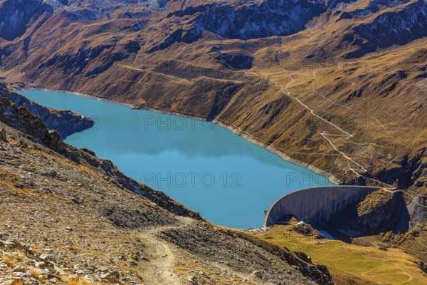 The dam and turquoise lake Lac de Moiry, Val d'Anniviers, Valais Alps, Canton of Valais, Switzerland
