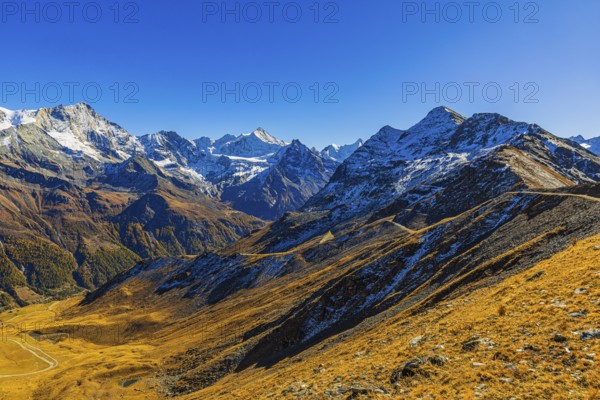 Snow-capped peaks in Val d'Anniviers, view from Corne de Sorebois mountain peak, Val d'Anniviers, Valais Alps, Canton of Valais, Switzerland