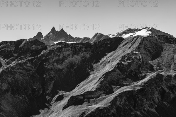 Snowy peaks of the Pointe de Moiry mountains, black and white photo, Val d'Anniviers, Valais Alps, Canton of Valais, Switzerland