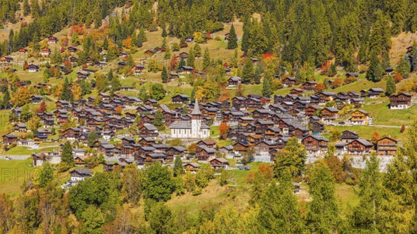 The mountain village of Ayer with autumn colors, Val d'Anniviers, Valais Alps, Canton of Valais, Switzerland