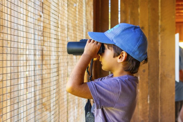 Young boy wearing a blue cap using binoculars observing birds in a bird hide, enjoying wildlife viewing and learning about nature in kamloops, british columbia