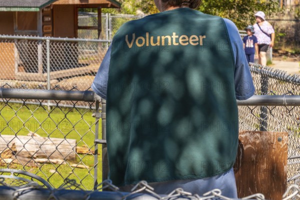 Zoo volunteer wearing a green vest, standing by the fence and watching visitors stroll by on a sunny day in kamloops, british columbia, surrounded by nature and wildlife