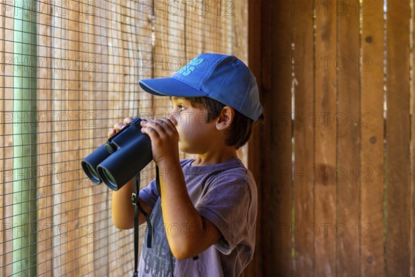 Young boy wearing a blue cap observing wildlife through binoculars at a nature park in kamloops, british columbia, demonstrating a passion for nature exploration and learning