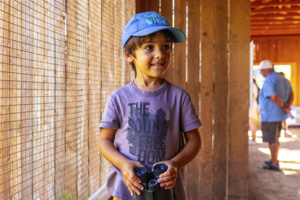 Young boy in a blue cap, holding binoculars, observing animals at british columbia wildlife park in kamloops, canada, enjoying a unique wildlife learning experience
