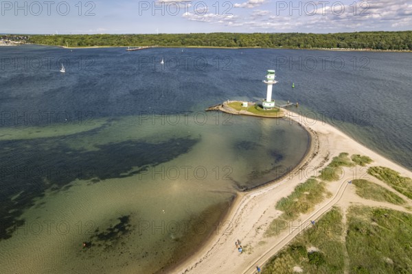 Falkensteiner Beach and Friedrichsort lighthouse on the Kiel Fjord seen from above, Kiel, Schleswig-Holstein, Germany