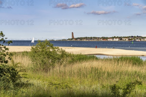 View of Laboe from Falkensteiner Beach with the Naval Memorial on the Kiel Fjord, Kiel, Schleswig-Holstein, Germany