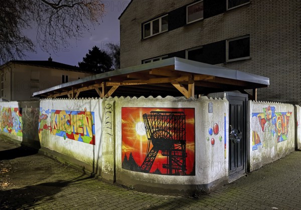 Wall painting in the street Flöz Sunshine at night in one of the poorest cities in Germany, Gelsenkirchen, Ruhr area, North Rhine-Westphalia