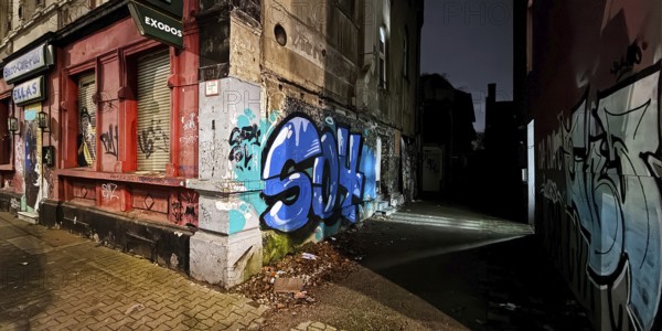 Decaying façade smeared with graffiti, scrap property in a no-go area, Gelsenkirchen, Ruhr area, North Rhine-Westphalia, Germany