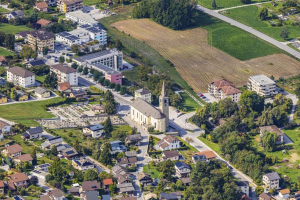 The village of Chalais with the church, view of Vercorin, Val d'Anniviers, Valais Alps, Canton of Valais, Switzerland