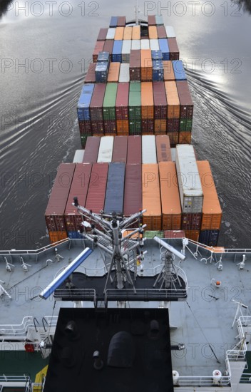 Aerial view of shipping container, container ship NORDIC PORTO photographed from above, Kiel Canal, Kiel Canal, Kiel Canal, Schleswig-Holstein, Germany