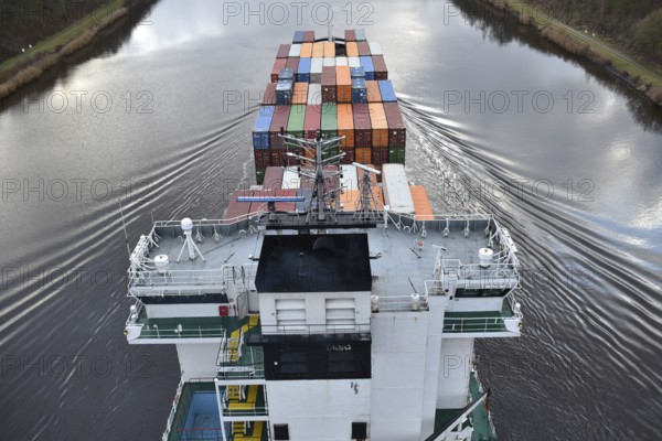 Aerial view of shipping container, container ship NORDIC PORTO photographed from above, Kiel Canal, Kiel Canal, Kiel Canal, Schleswig-Holstein, Germany